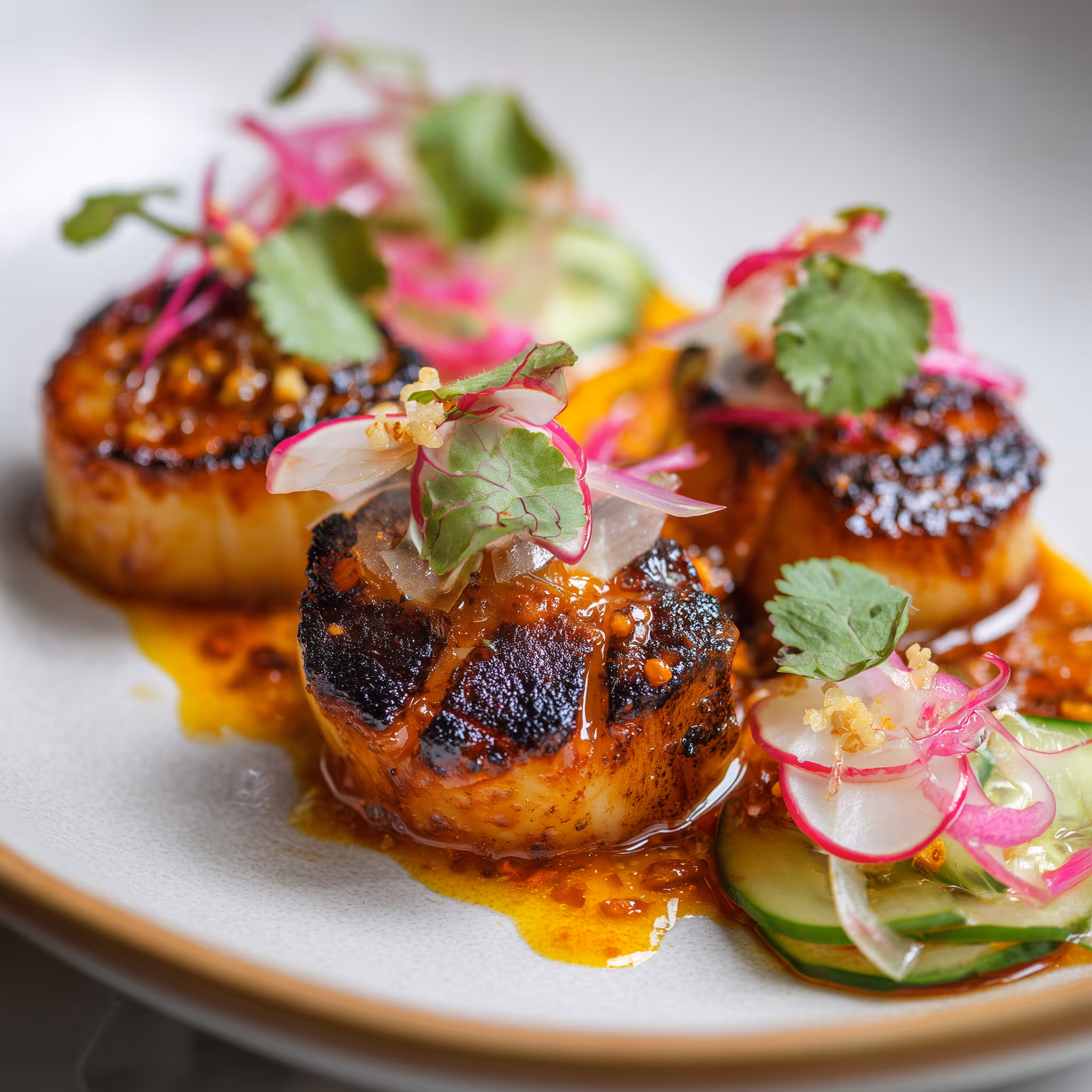 Seared scallops with pickled radish, cucumber and coriander, graded as a warm monochrome print